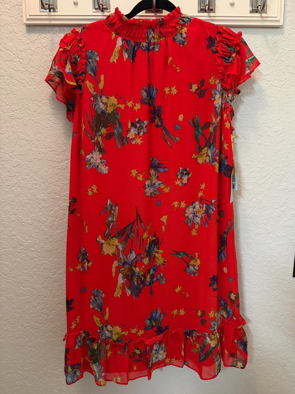 CeCe Fiery Red Floral Ruffle Neck Dress